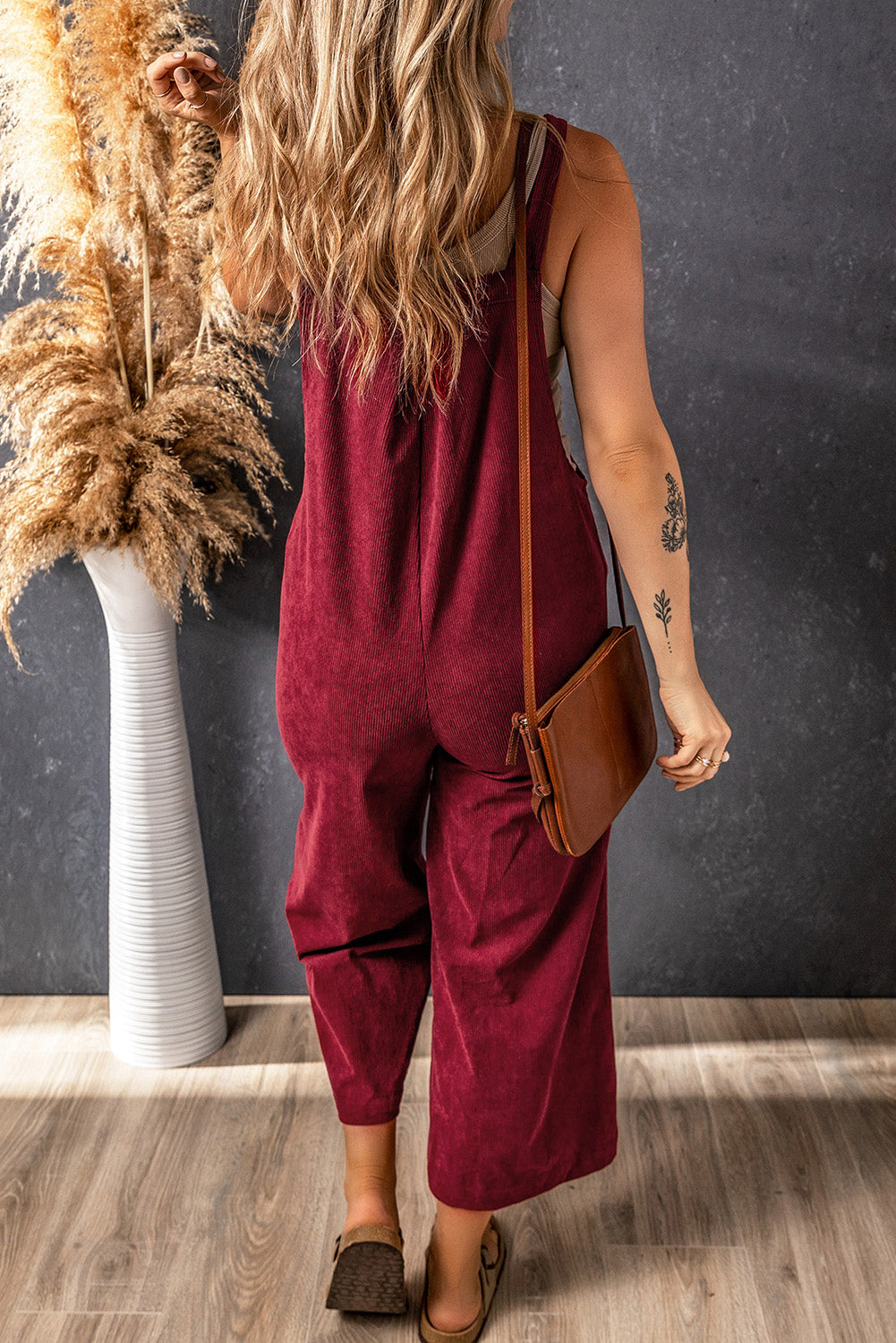 Red Solid Color Corduroy Wide Leg Bib Overalls