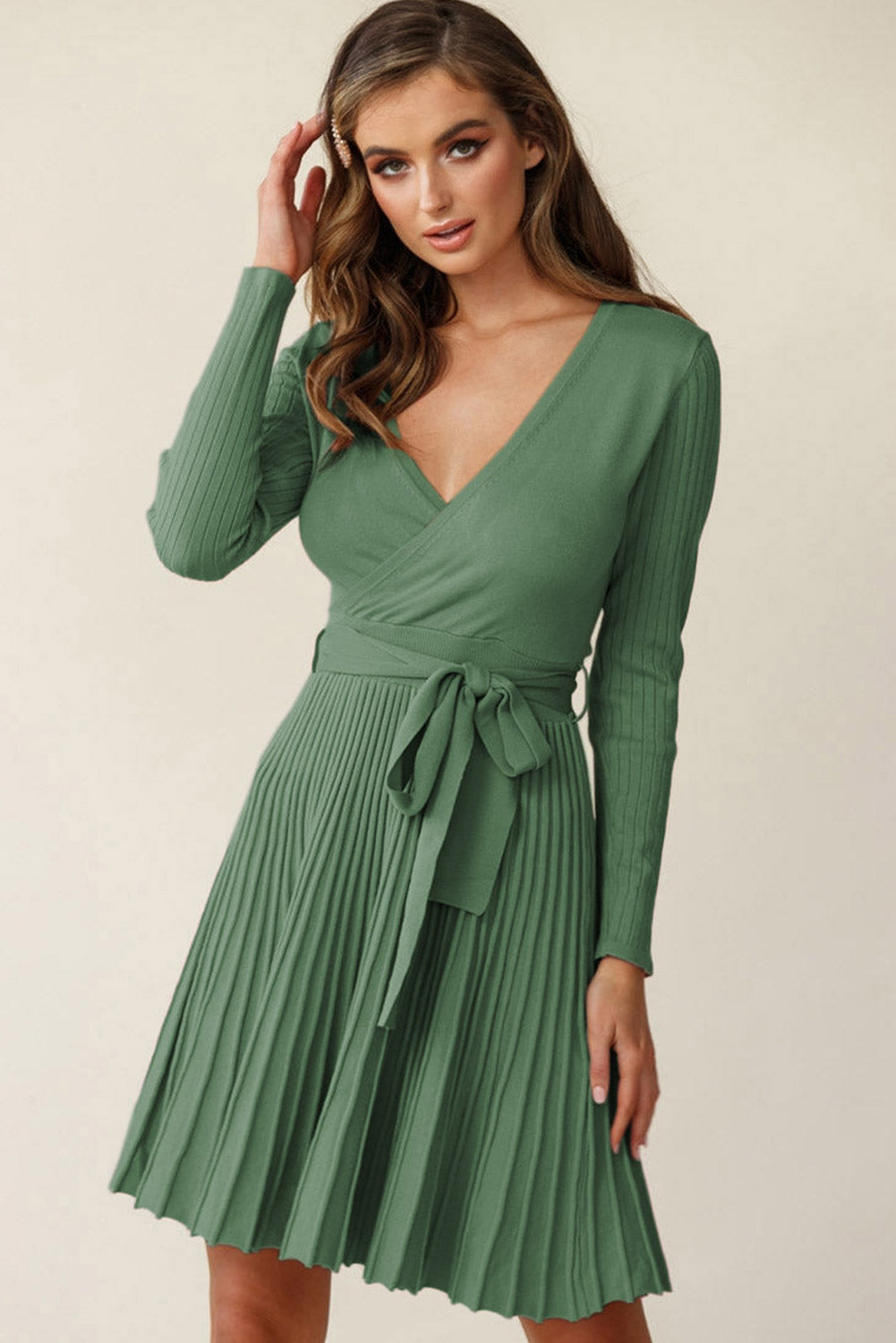 Green Belted V Neck Ribbed Pleated Sweater Dress