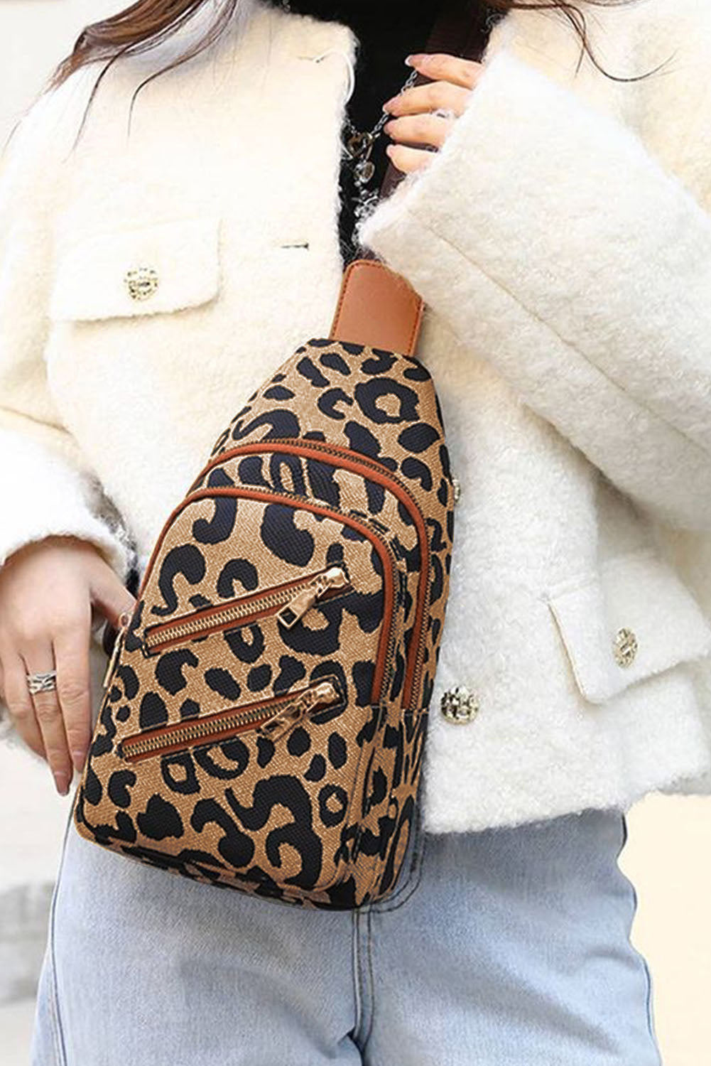 Leopard Print Multi-zip Inclined Shoulder Bag
