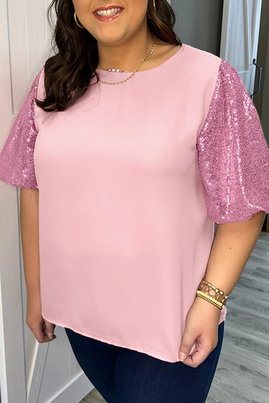 Pink Contrast Sequin Bubble Sleeve Plus Size T-shirt