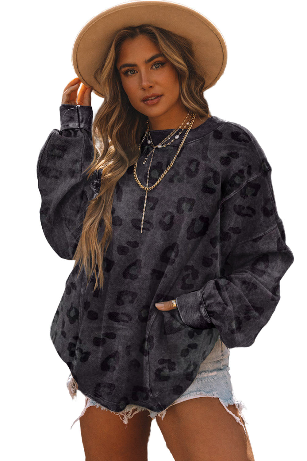 Carbon Grey Leopard Print Loose Fit Pullover Sweatshirt