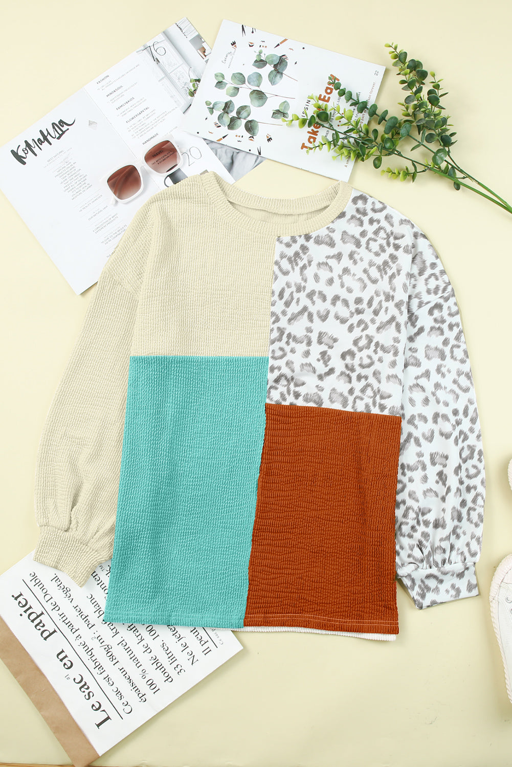 Khaki Leopard Patchwork Color Block Ribbed Long Sleeve Top