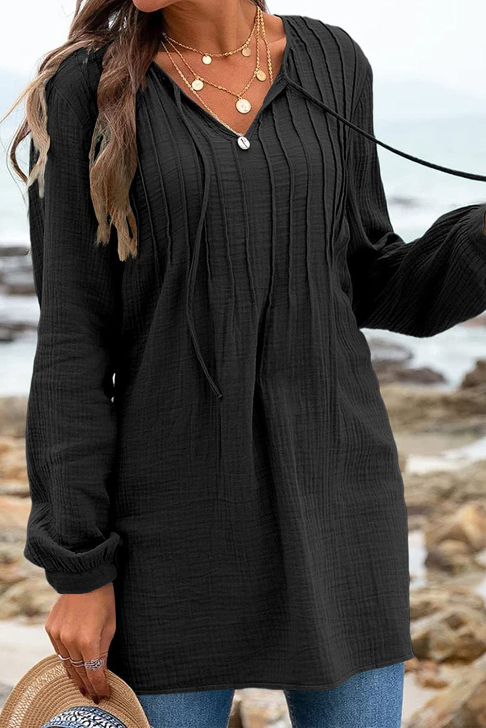 Black Casual Pleated V Neck Textured Loose Top