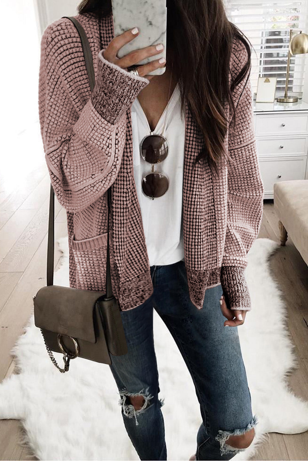 Gray Plaid Knitted Long Open Front Cardigan