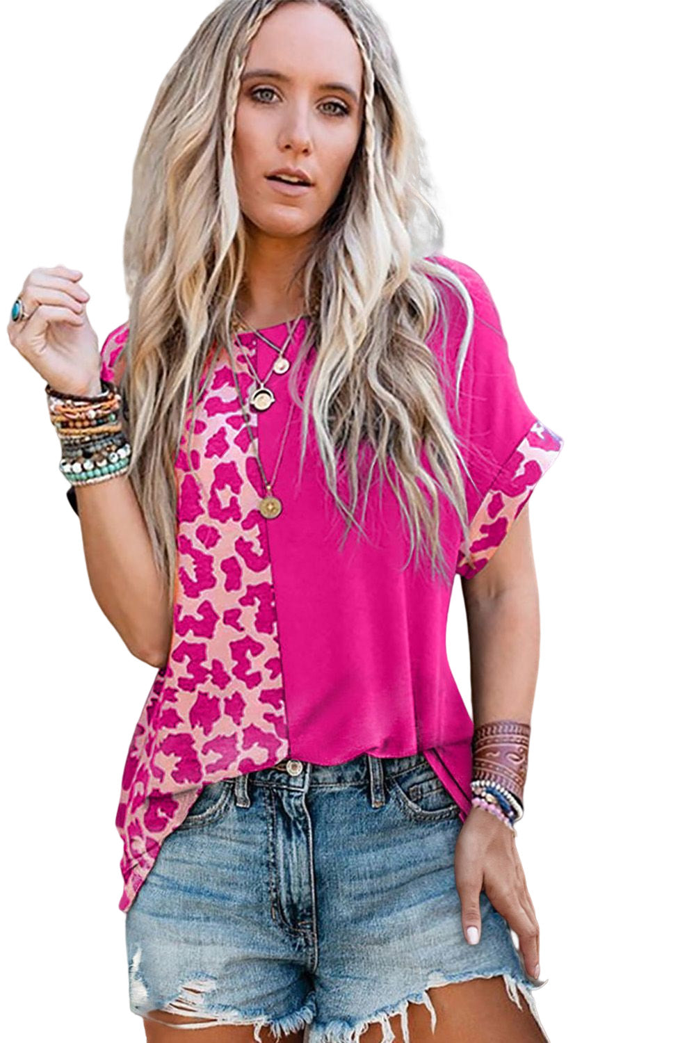 Rose Half Leopard Patchwork Short Sleeves Top