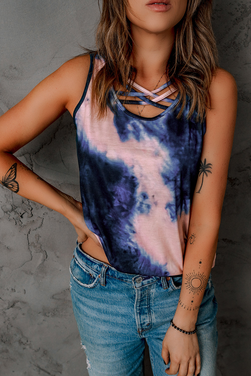 Tie-Dye Cross Front Tank Top