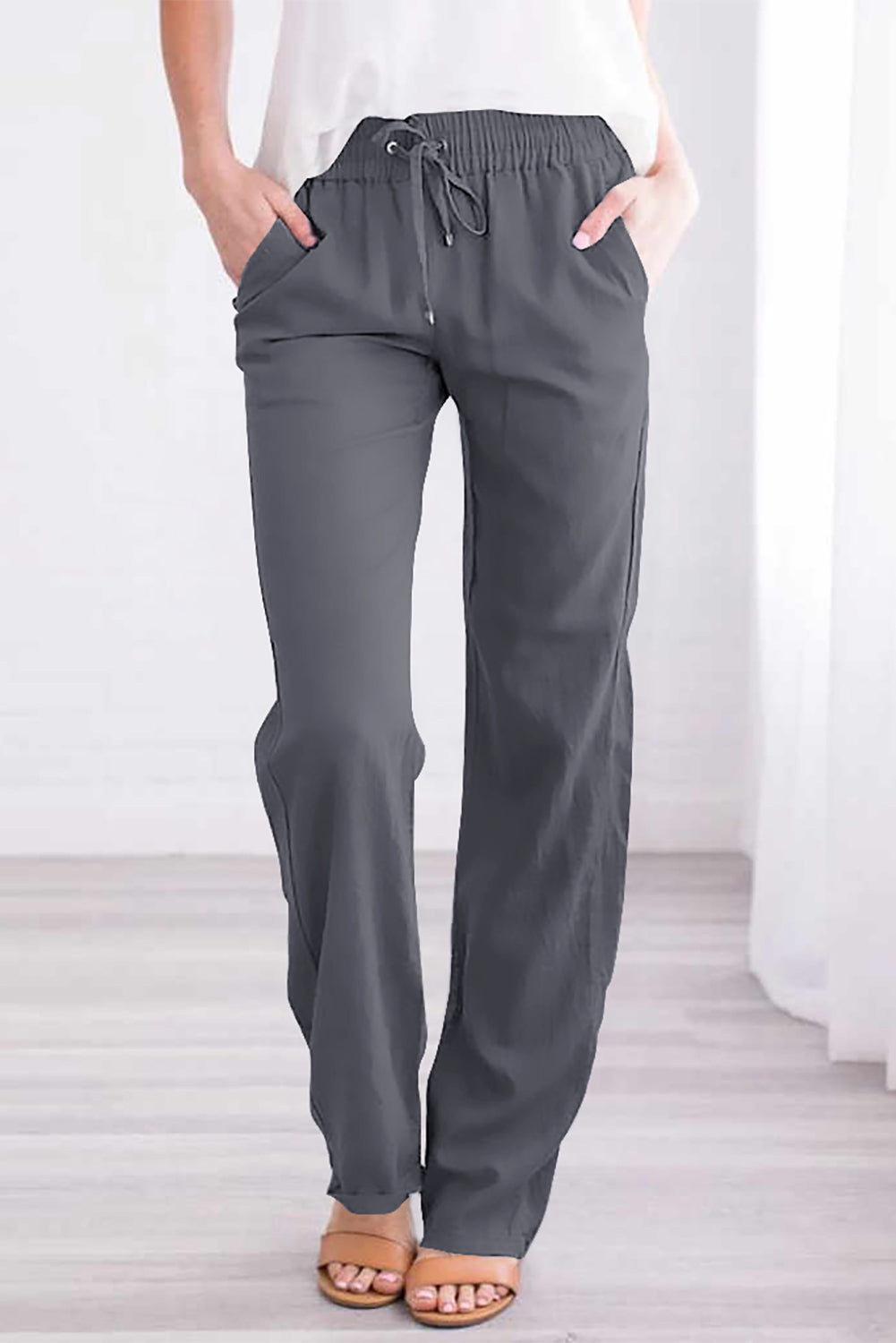 Gray Drawstring Elastic Waist Pockets Long Straight Legs Pants