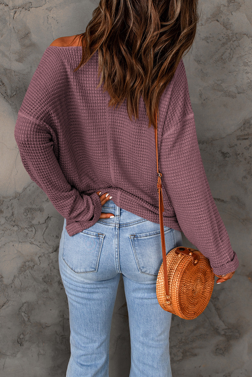 Dusk Blue Waffle Knit Loose Long Sleeve Top