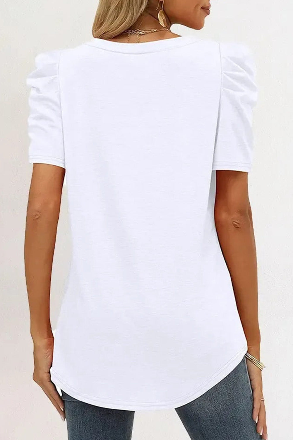 White Sequin Bow Patched Puff Sleeve T Shirt