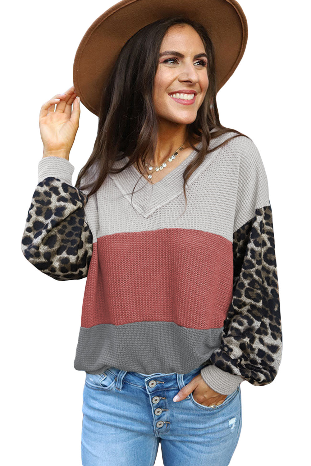Red Wild Leopard Contrast Sleeve Colorblock Waffle Knit Top
