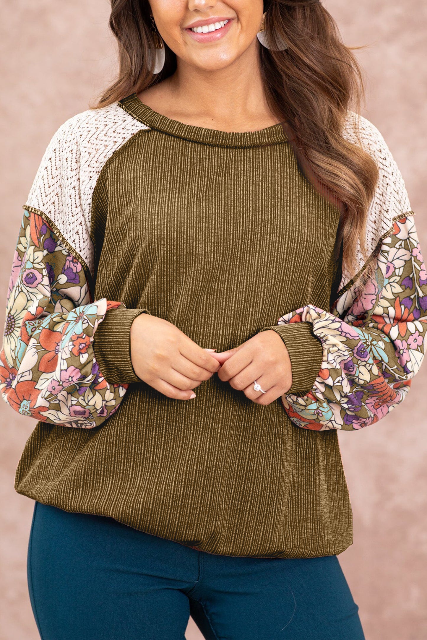 Brown Floral Patchwork Puff Sleeve Textured Blouse