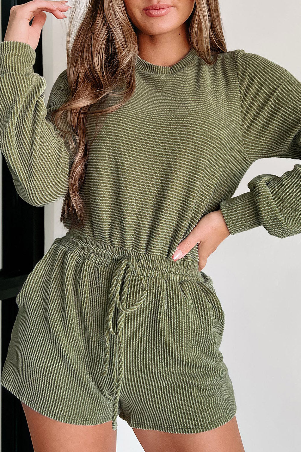 Pickle Green Corded Pullover Long Sleeve Drawstring Romper