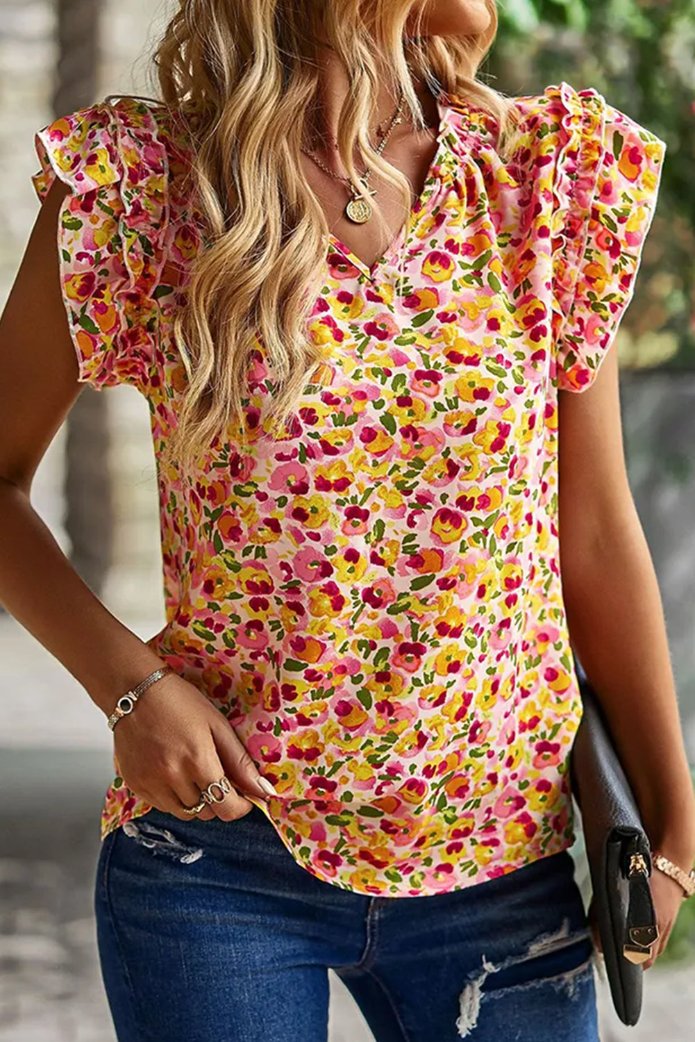 Yellow Floral Print Flutter Sleeve V Neck Tank Top