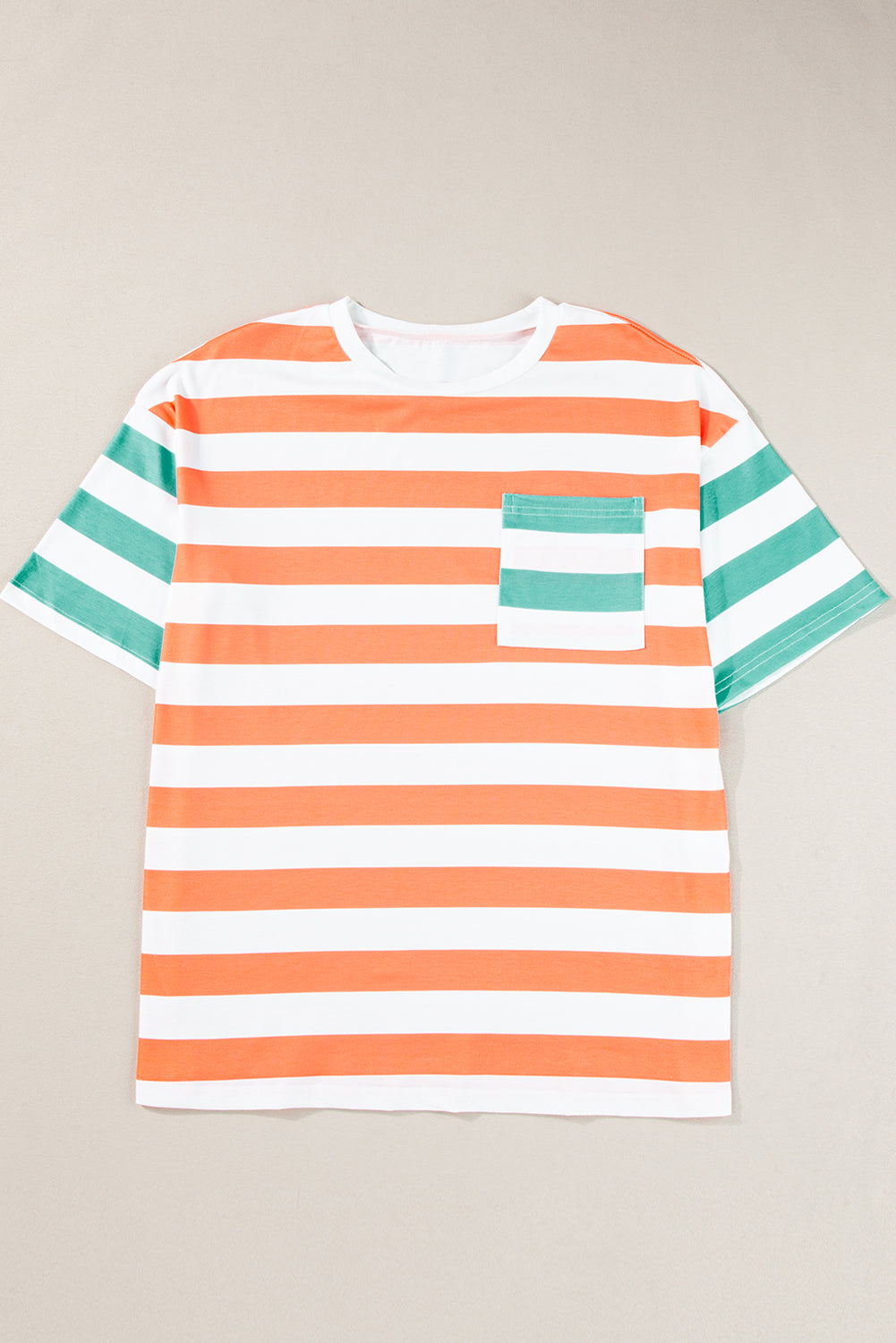 Orange Stripe Contrast Patch Pocket Drop Sleeve T Shirt