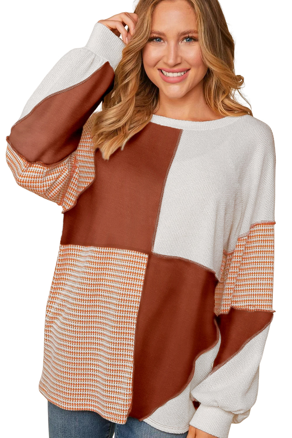 Red Sandalwood Exposed Seam Colorblock Oversized Knit Top