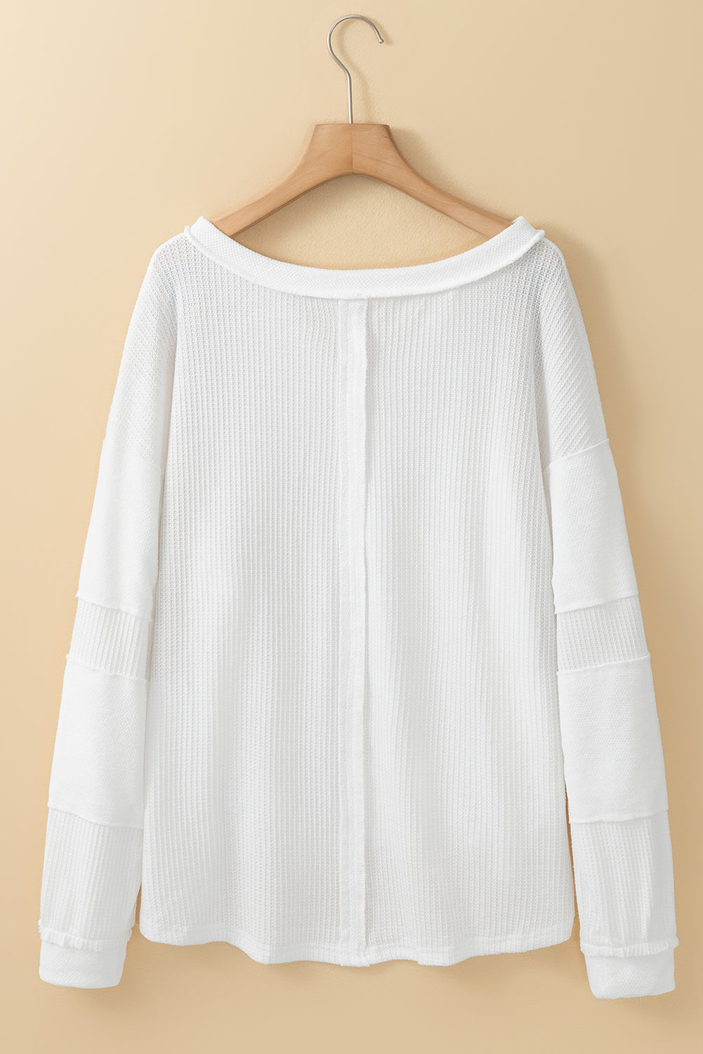 Bright White Contrast Patched Exposed Seam Waffle Knit Henley Top