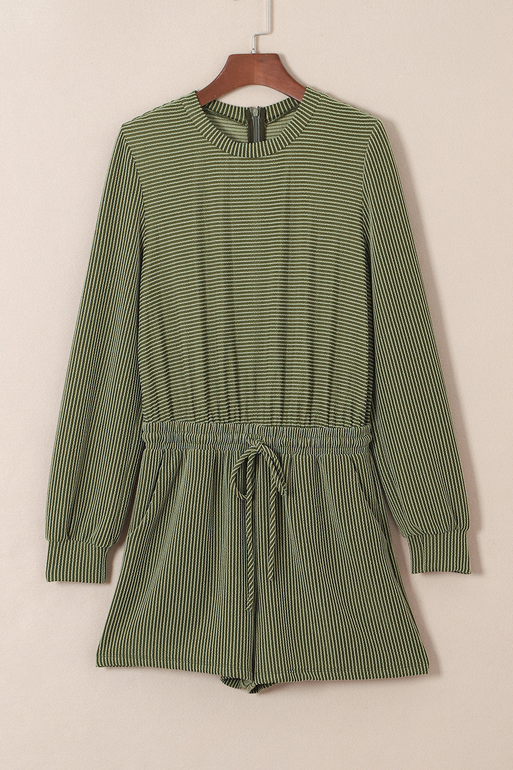 Pickle Green Corded Pullover Long Sleeve Drawstring Romper