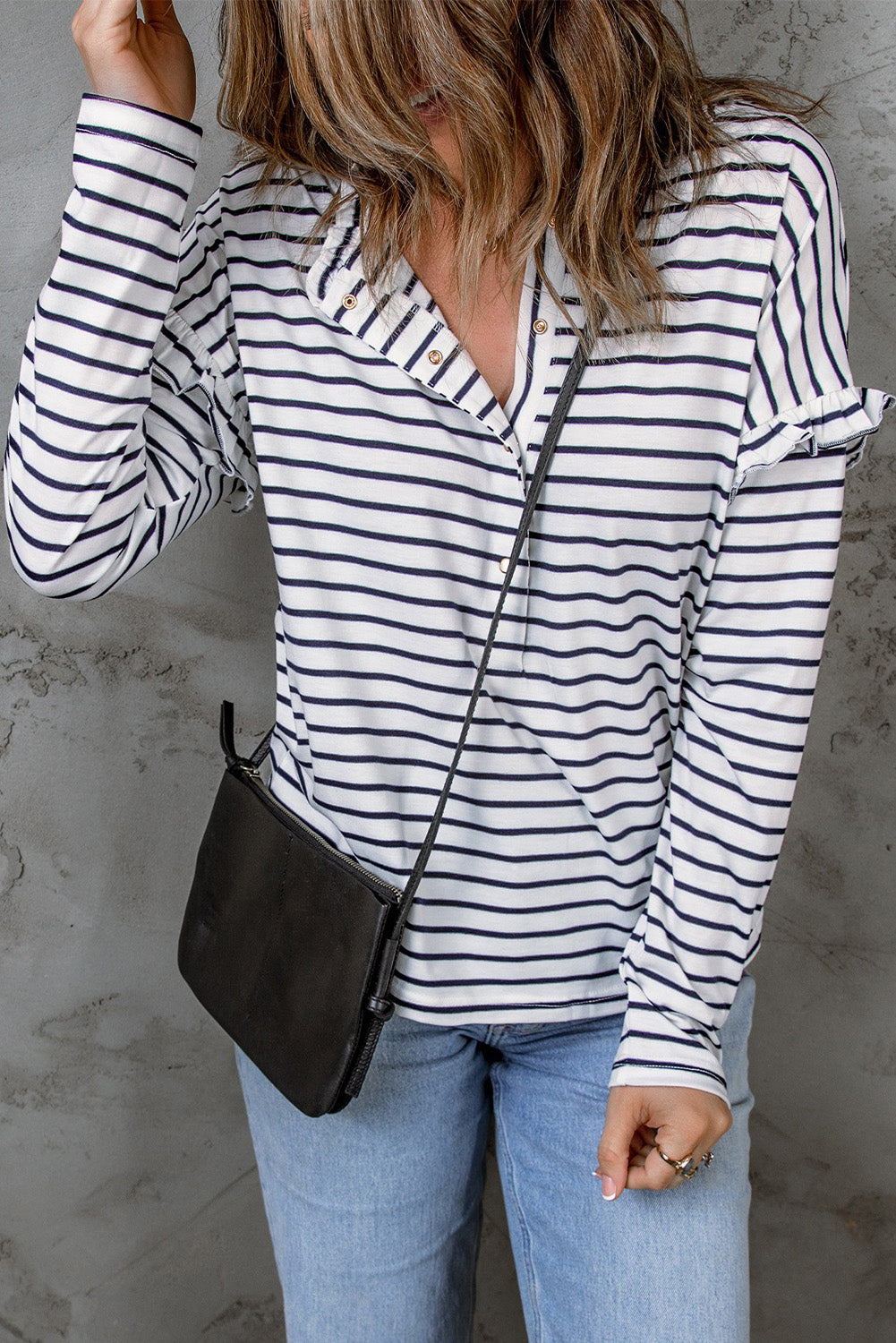 White Striped Print Ruffled Buttoned Long Sleeve Top