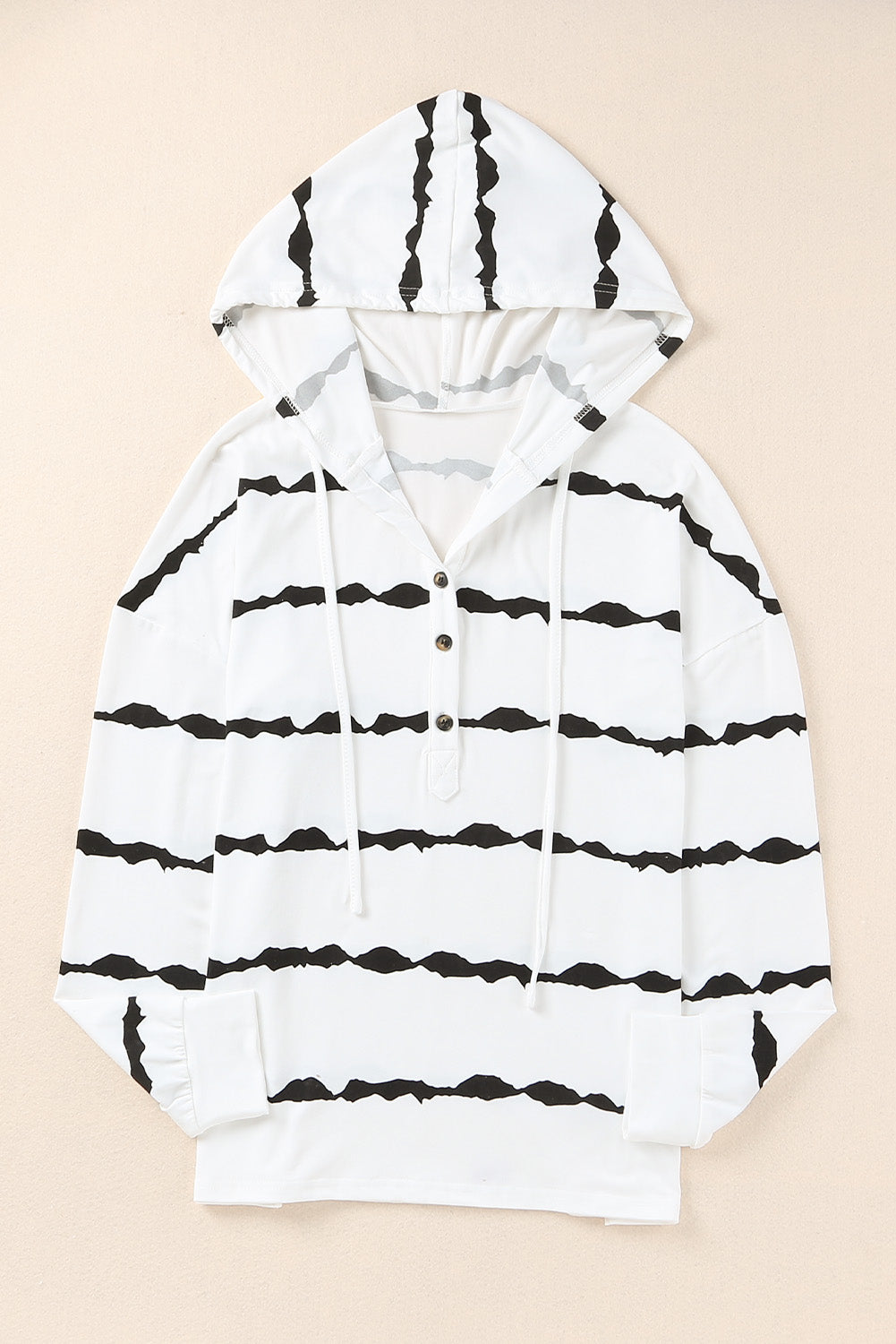 Black Striped Drawstring Button Long Sleeve Hoodie