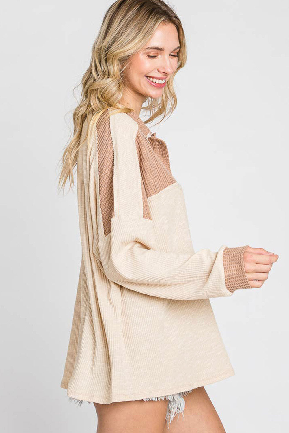 Apricot Oversized Knit Top With Waffle Contrast