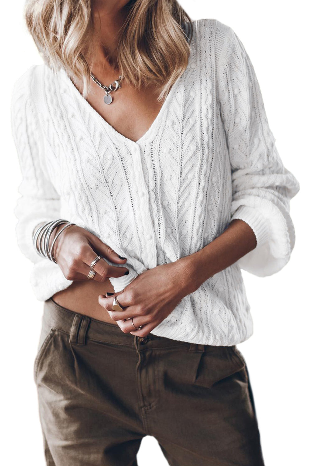 White Solid Cable Knit V-Neck Puff Sleeve Cardigan