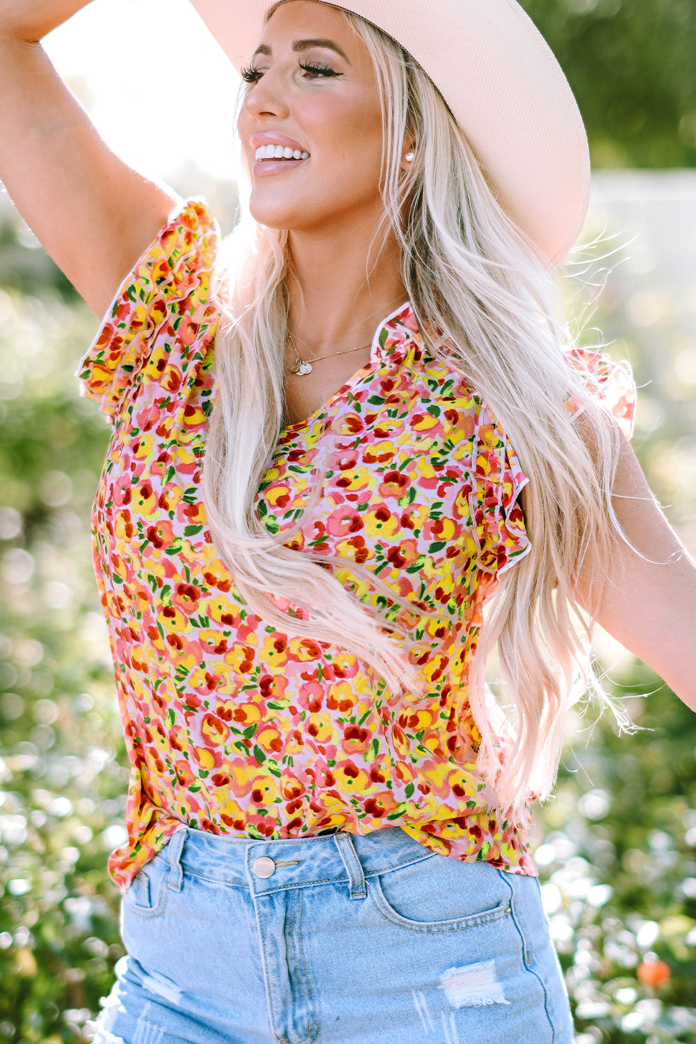 Yellow Floral Print Flutter Sleeve V Neck Tank Top