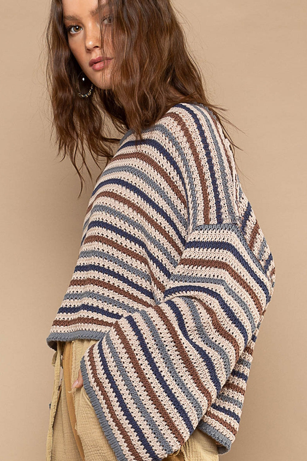 Gray Stripe Pattern Drop Shoulder Loose Fit Sweater