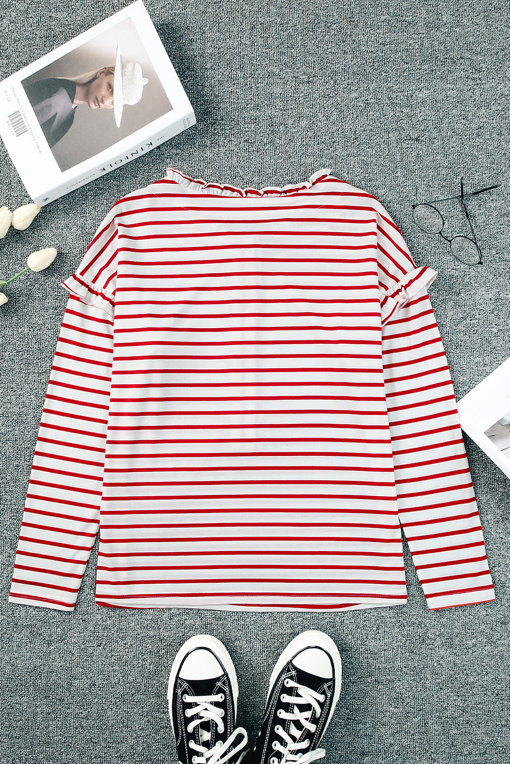 White Striped Print Ruffled Buttoned Long Sleeve Top