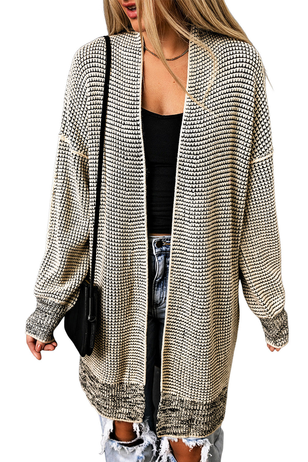 Gray Plaid Knitted Long Open Front Cardigan