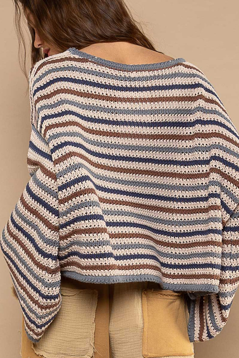 Gray Stripe Pattern Drop Shoulder Loose Fit Sweater