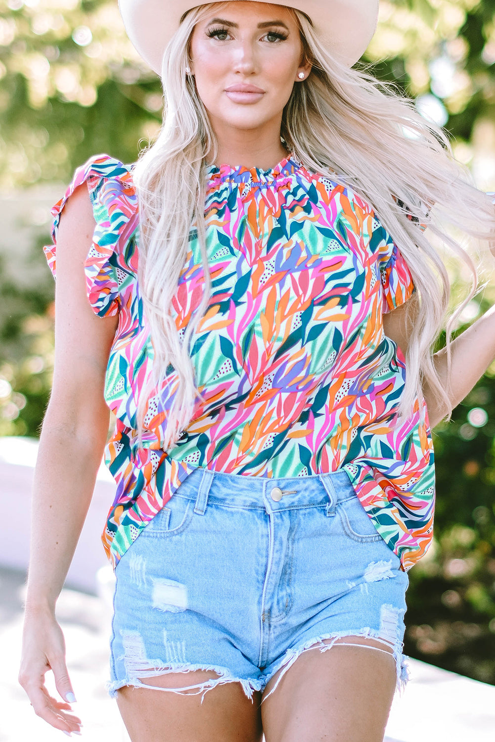 Rose Red Floral Print Ruffled Flutter Sleeve Blouse