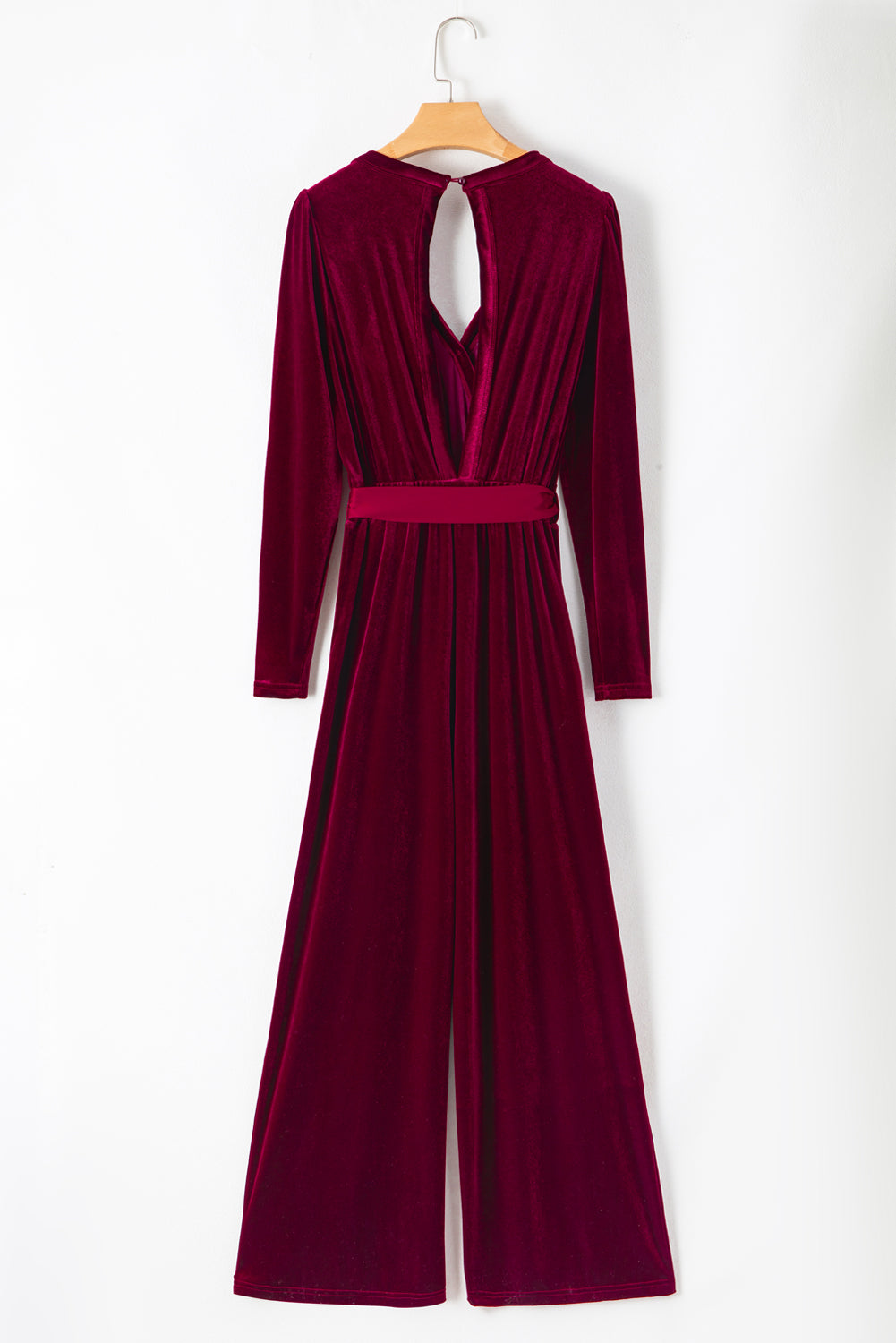 Fiery Red Velvet Pocketed Cut out Back Wide Leg Jumpsuit