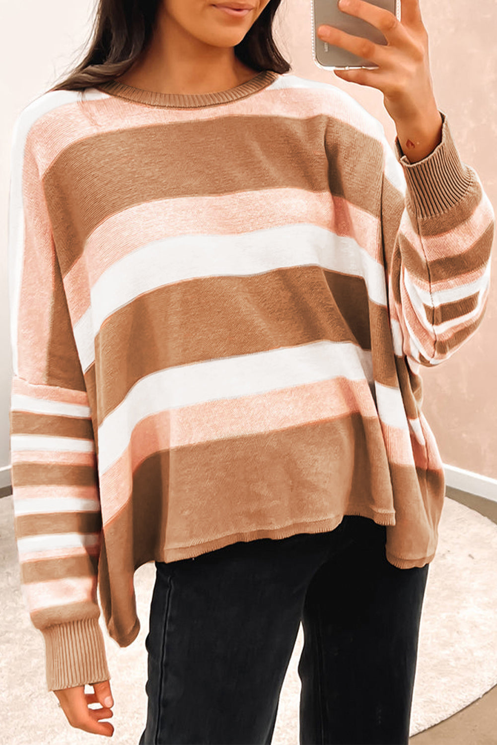 Multicolour Striped Knit Drop Shoulder Loose Sweater
