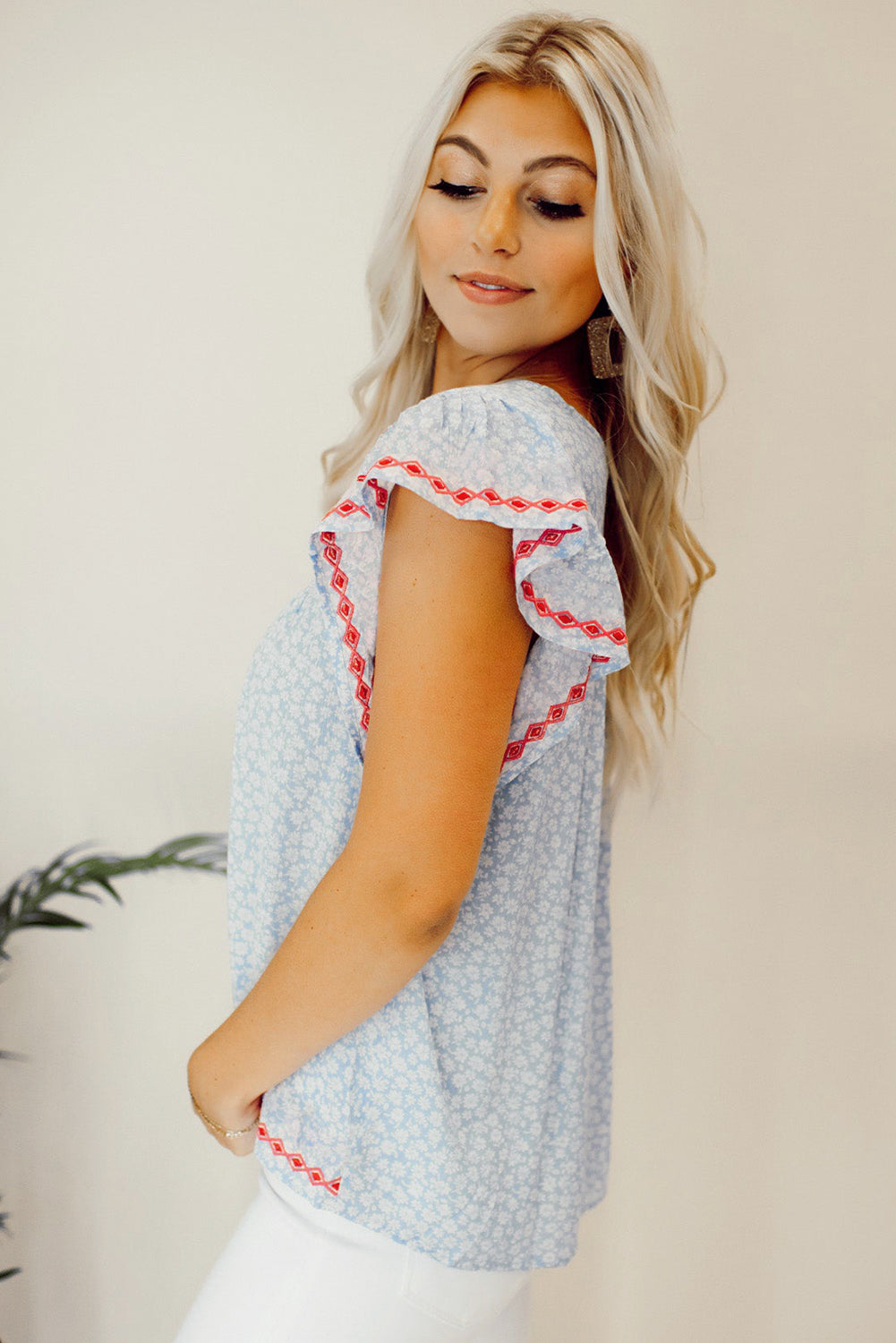 Sky Blue Boho Embroidered Floral Print Flutter Sleeve Blouse