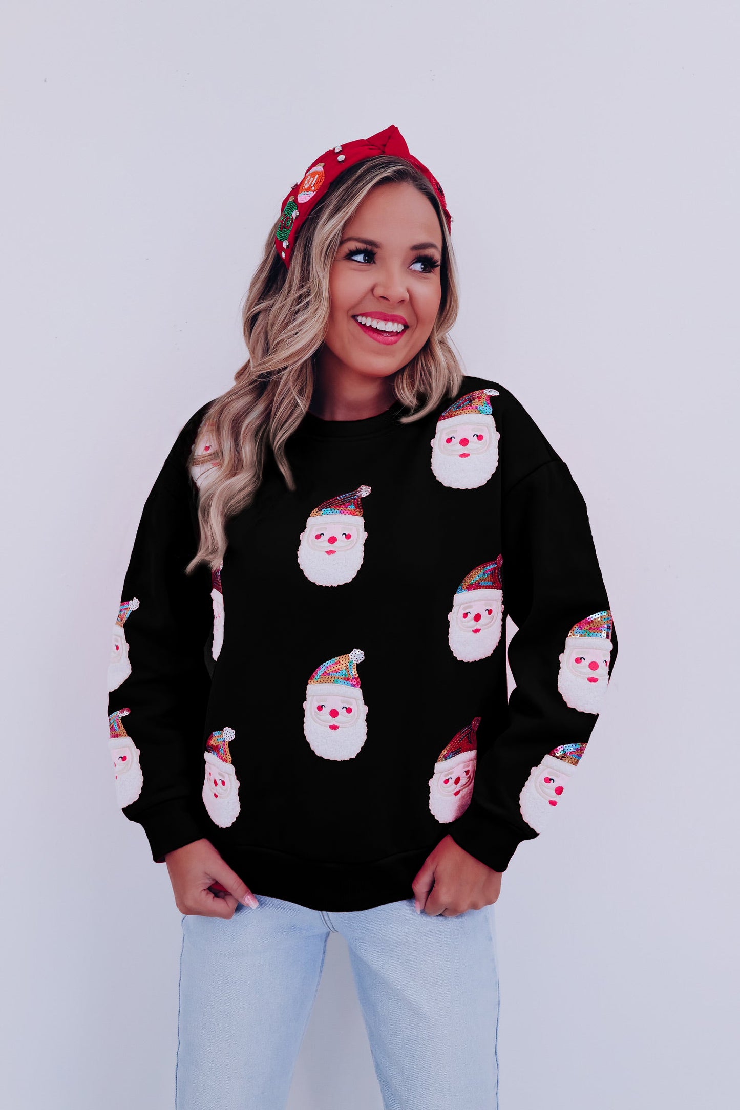 Red Christmas Santa Claus Print Drop Shoulder Sweatshirt