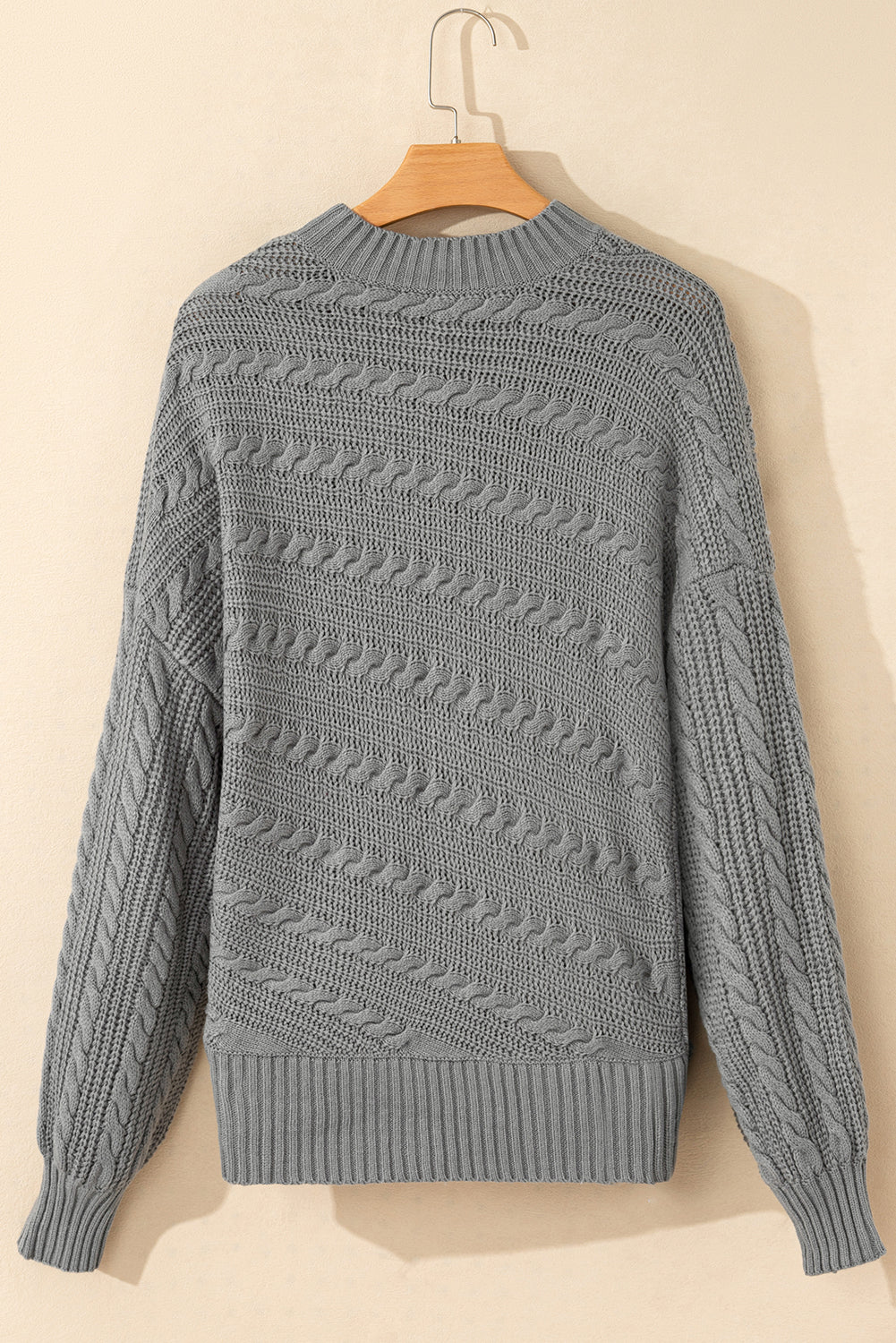 Blackish Green Mock Neck Lantern Sleeve Cable Knit Sweater