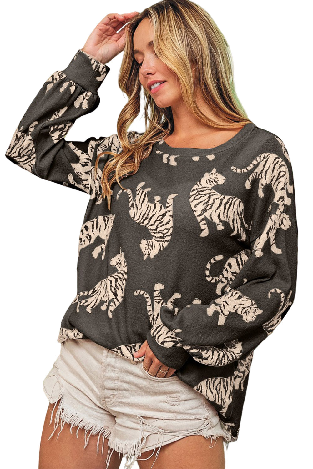 Lively Tiger Print Casual Sweatshirt