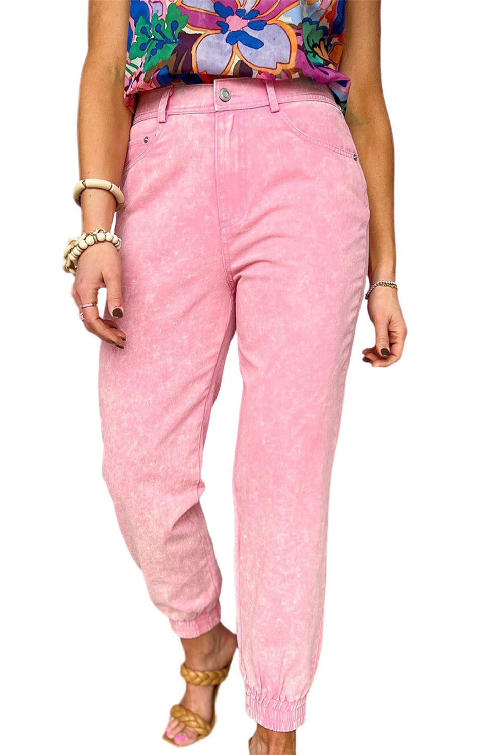 Pink Acid Wash Elastic Cuffed High Waist Jeans