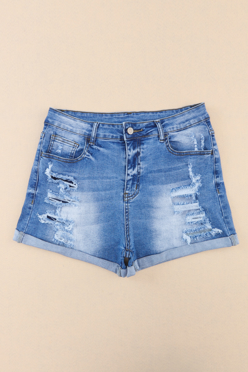 Sky Blue Vintage Distressed High Waist Pocket Denim Shorts