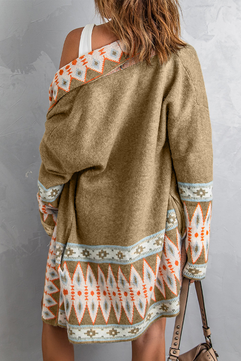 Orange Printed Aztec Print Open Front Knitted Cardigan