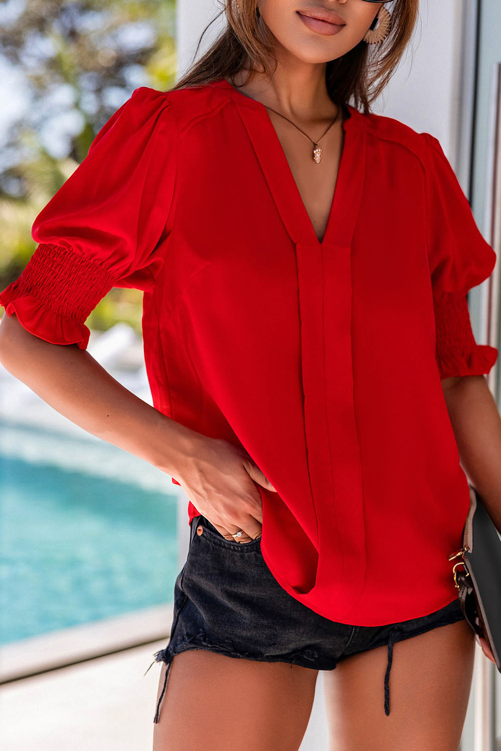 Red Solid Color Half Sleeve V Neck Blouse