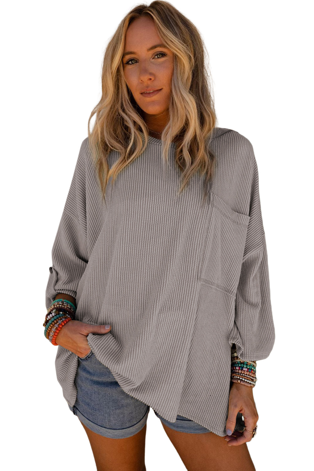 Gray Ribbed Roll-tab Sleeve Chest Pocket Oversize Top
