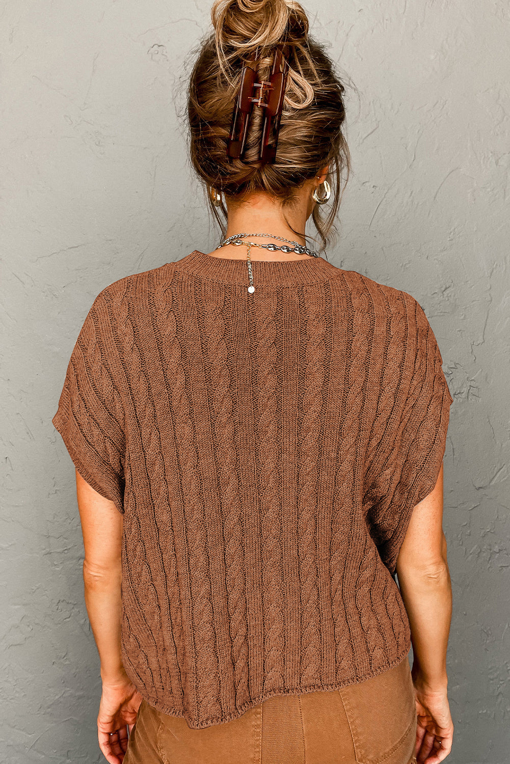 Chestnut Crew Neck Cable Knit Short Sleeve Sweater