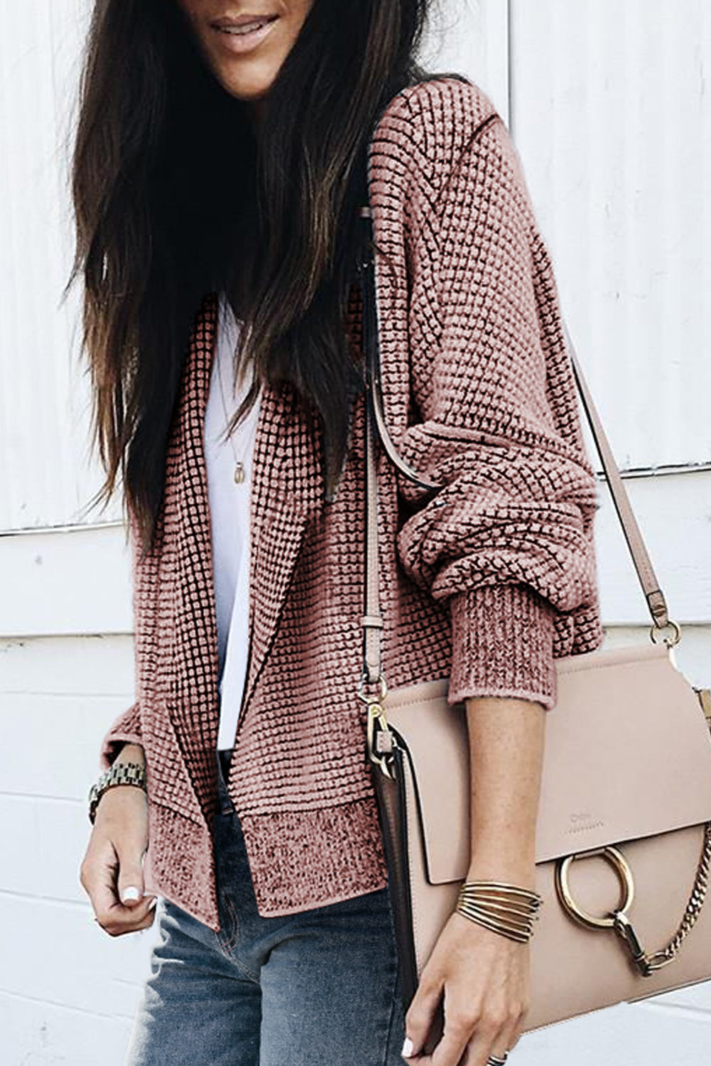 Gray Plaid Knitted Long Open Front Cardigan