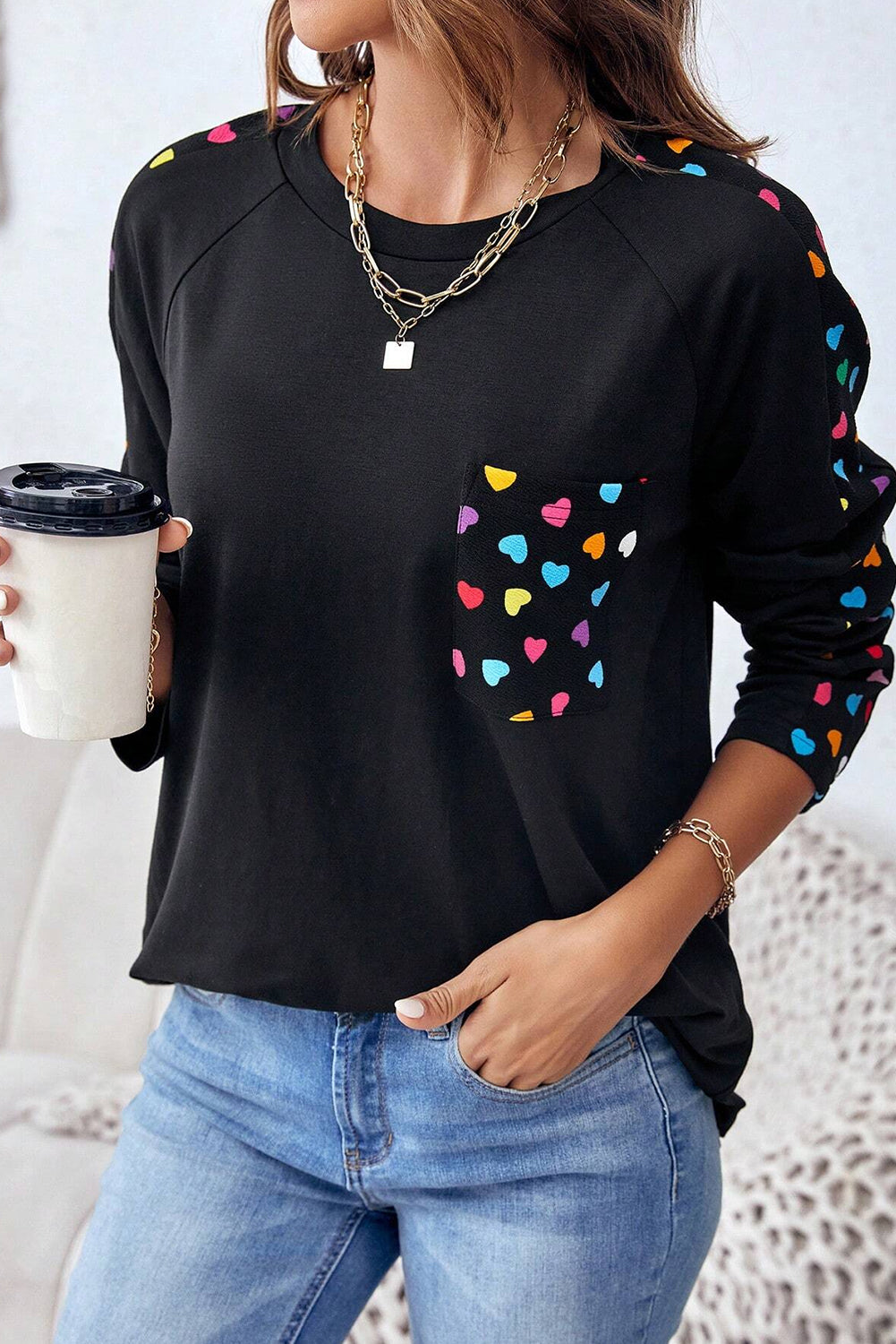 Black Valentine\'s Day Love Hearts Raglan Sleeve Top