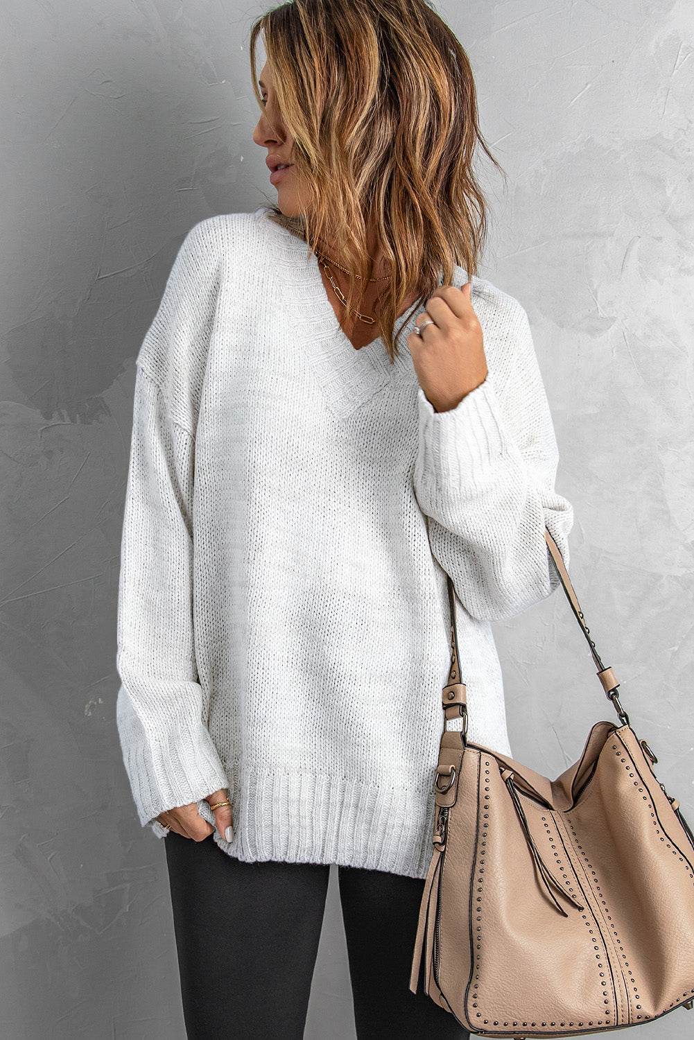 Gray V neck Drop Shoulder Knitted Sweater