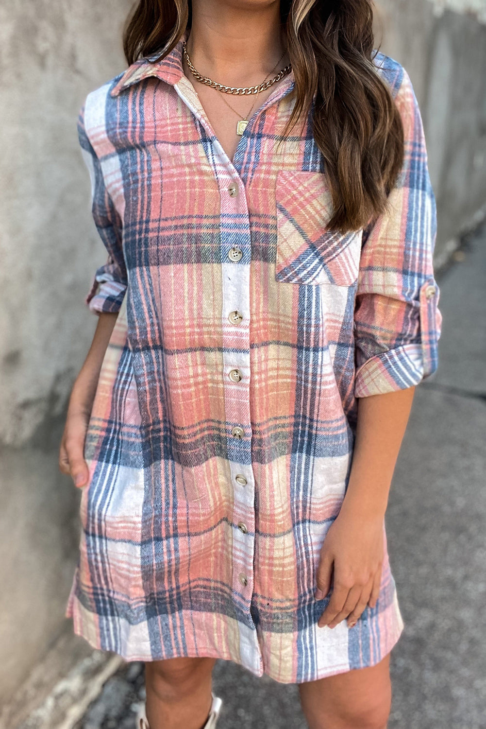 Pink Plaid Roll-tab Sleeve Side Slit Shirt Dress