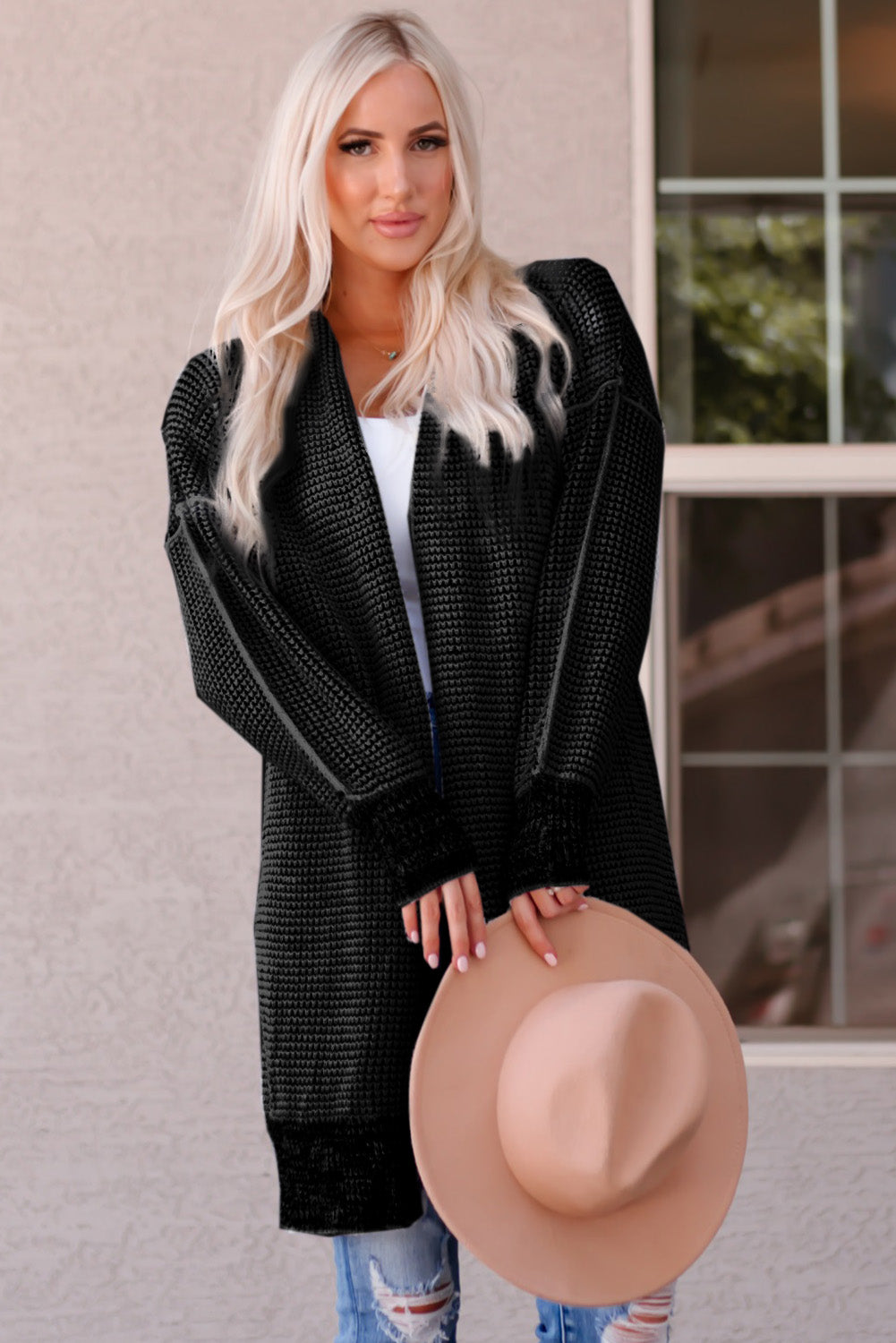 Gray Plaid Knitted Long Open Front Cardigan