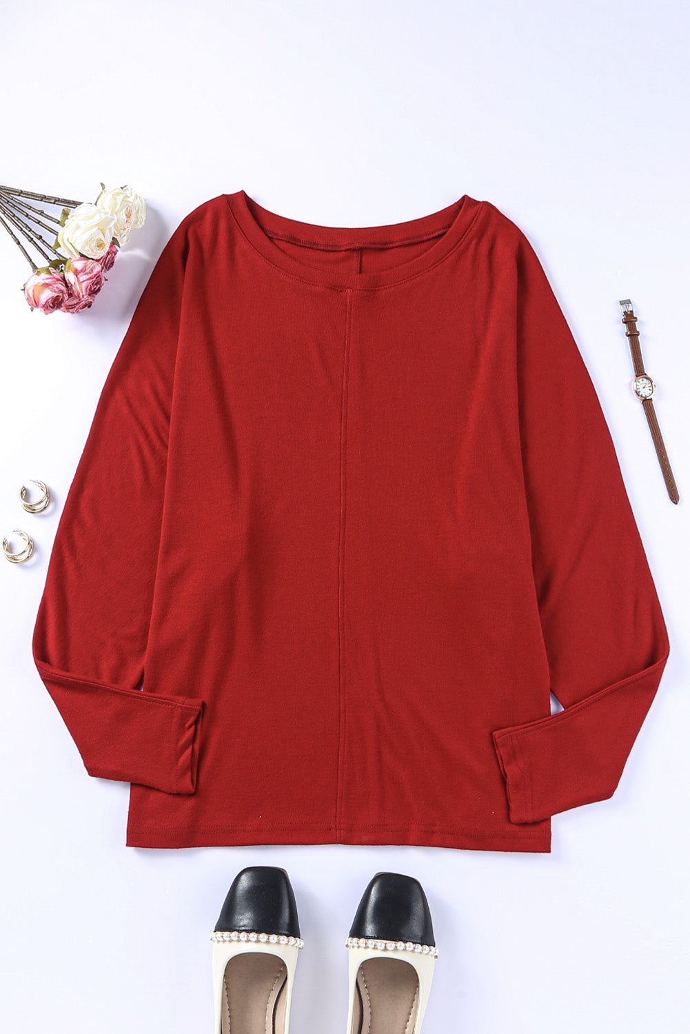 Red Sandalwood V Neck Center Seam Long Sleeve Tee