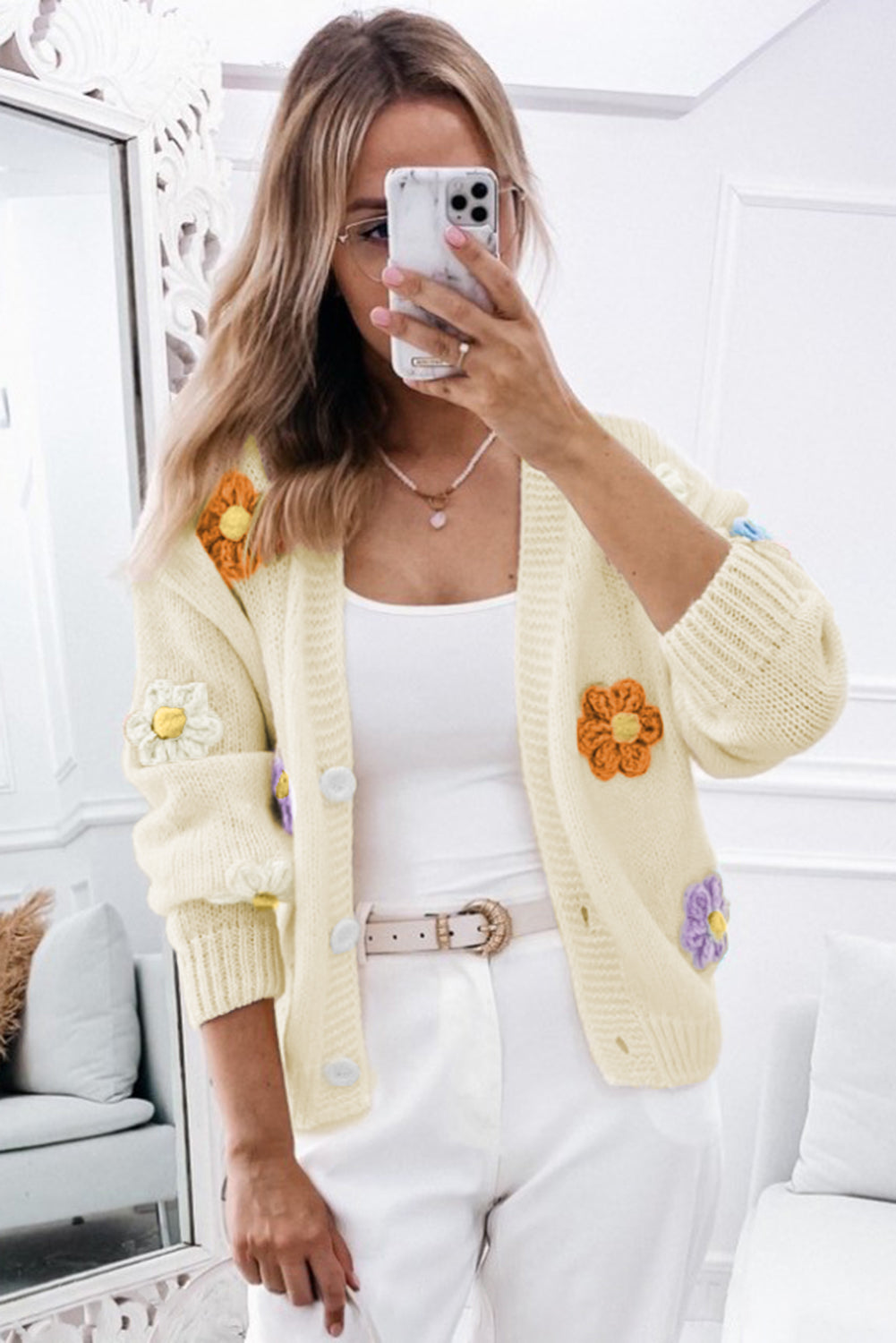 Beige Cute Flower Embellished Buttoned Cardigan Sweater